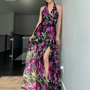 Dress The Population Halter Maxi Embroidered Floral Neck Tie Dress
